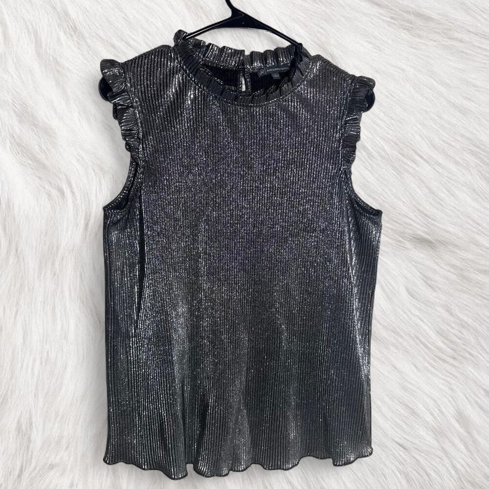 Adrianna Papell Preppy Metallic Black Silver Blouse with ruffle details Size L